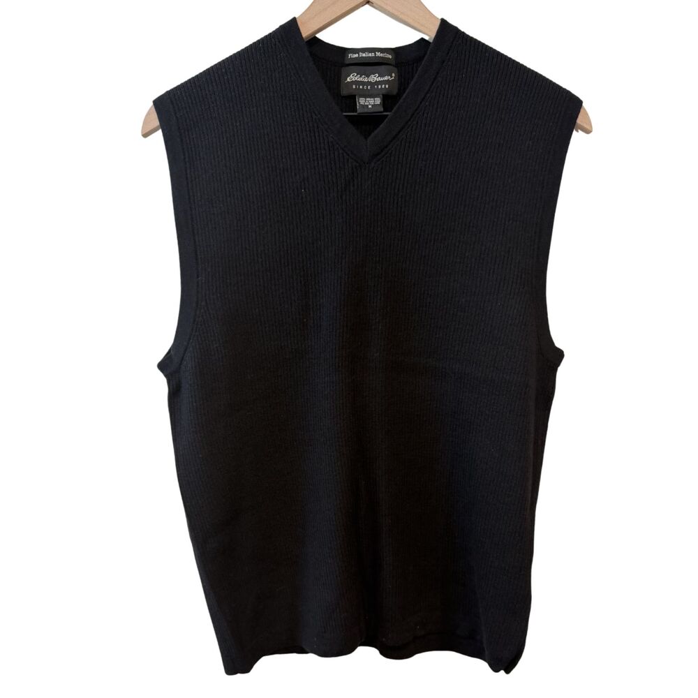 VTG 90s Eddie Bauer Black Merino Wool Sweater Vest M Grandpacore Dark Academia